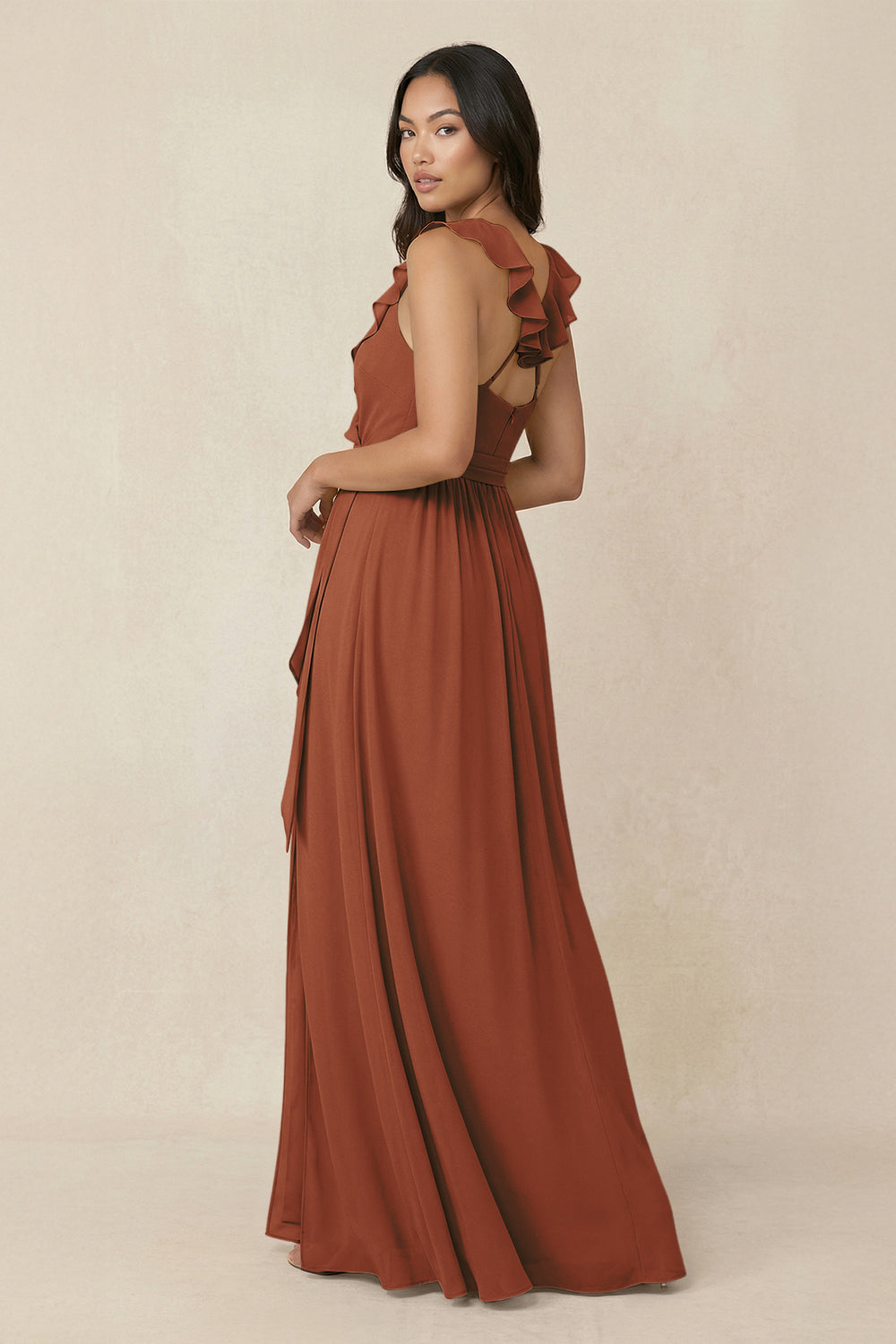 Ruffled V-Neck A-Line Chiffon Bridesmaid Dress in Terracotta