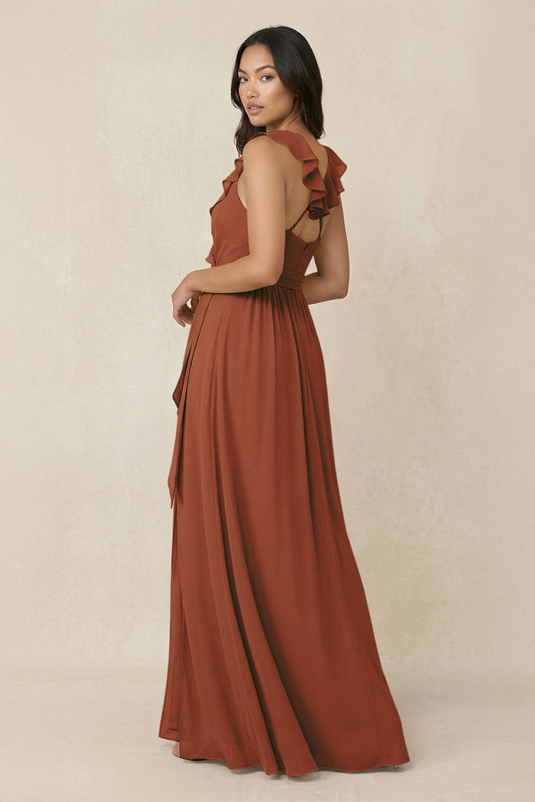 Terracotta Ruffled V-Neck A-Line Chiffon Bridesmaid Dress (2) | KISSBRIDAL