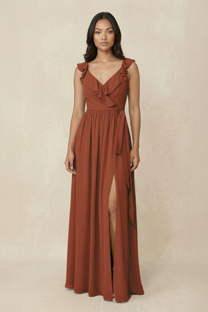 Terracotta Ruffled V-Neck A-Line Chiffon Bridesmaid Dress | KISSBRIDAL