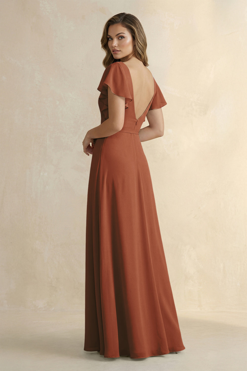 Ruffled V-Neck Chiffon A-Line Bridesmaid Dress in Terracotta