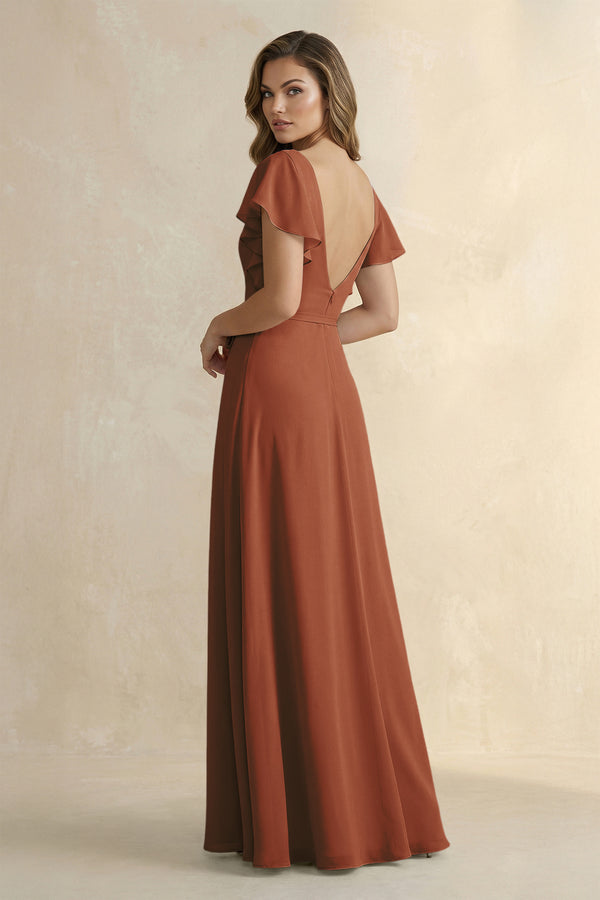 Terracotta Ruffled V-Neck Chiffon A-Line Bridesmaid Dress (2) | KISSBRIDAL