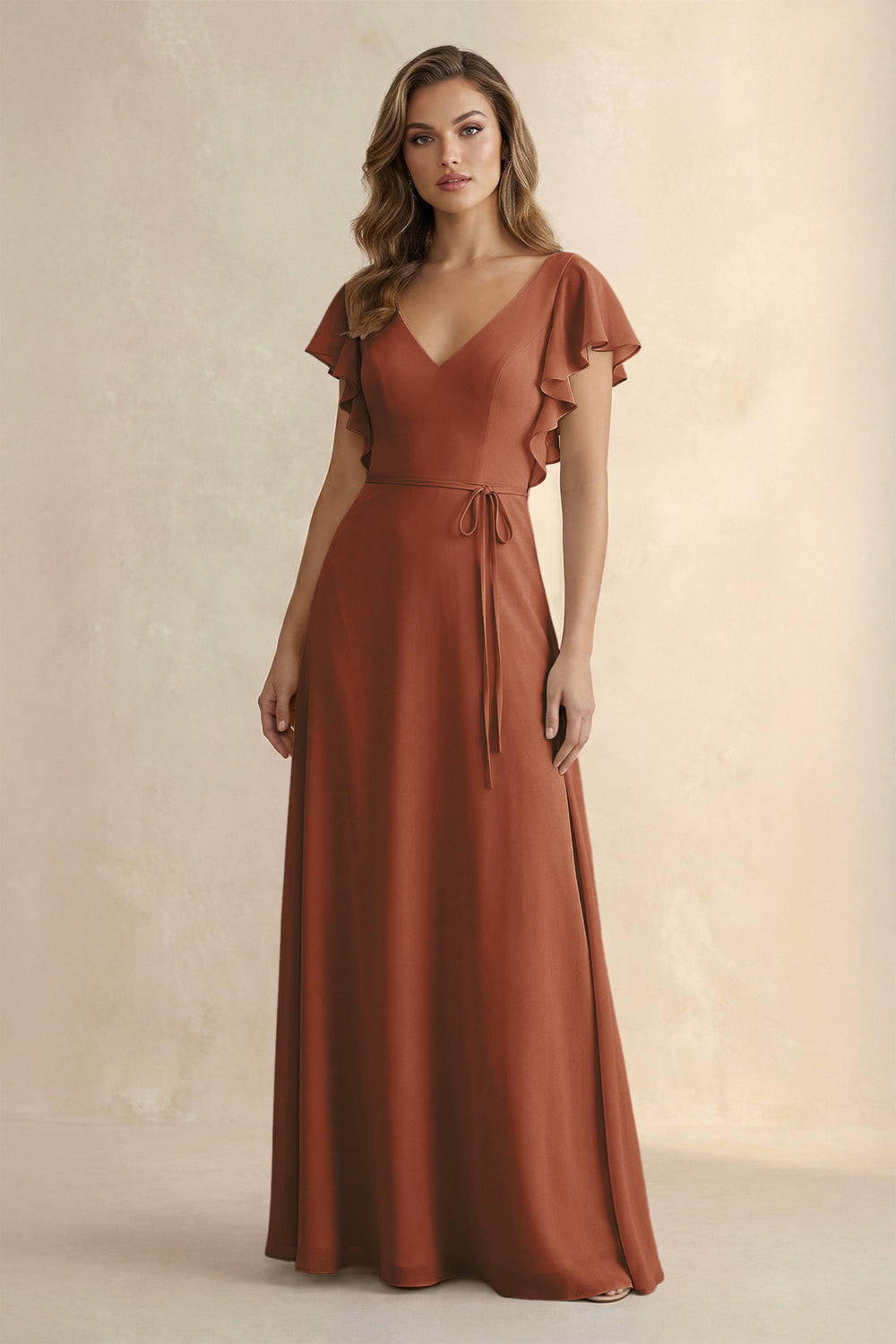 Ruffled V-Neck Chiffon A-Line Bridesmaid Dress in Terracotta