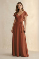 Terracotta Ruffled V-Neck Chiffon A-Line Bridesmaid Dress | KISSBRIDAL