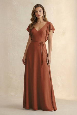 Terracotta Ruffled V-Neck Chiffon A-Line Bridesmaid Dress | KISSBRIDAL