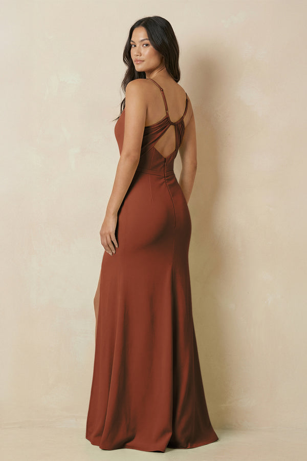 Terracotta Sheath Cami Strap Chiffon Bridesmaid Dress with Slit (2) | KISSBRIDAL