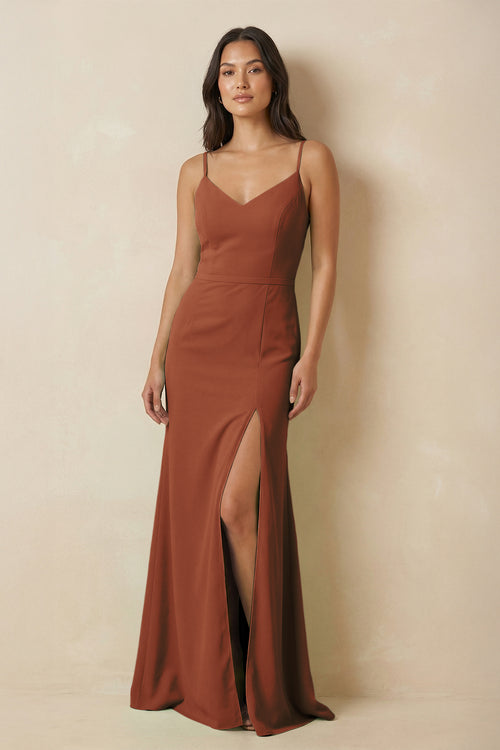 Terracotta Sheath Cami Strap Chiffon Bridesmaid Dress with Slit | KISSBRIDAL