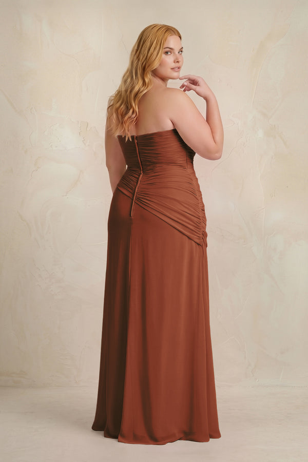 Terracotta Sheath Chiffon Strapless Pleated Bridesmaid Dress (2) [sizeplus] | KISSBRIDAL