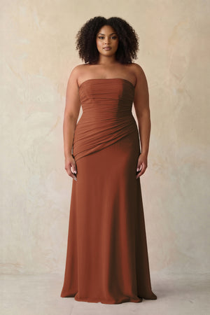 Terracotta Sheath Chiffon Strapless Pleated Bridesmaid Dress (3) [sizeplus] | KISSBRIDAL