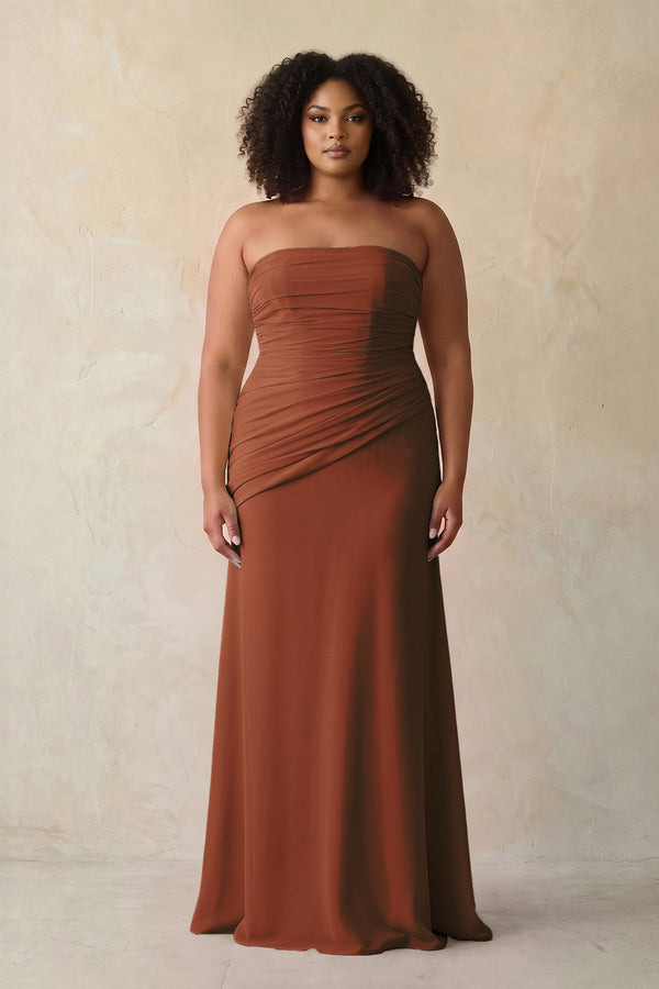 Terracotta Sheath Chiffon Strapless Pleated Bridesmaid Dress (3) [sizeplus] | KISSBRIDAL