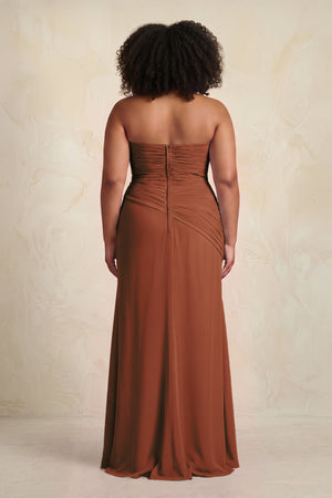 Terracotta Sheath Chiffon Strapless Pleated Bridesmaid Dress (4) | KISSBRIDAL