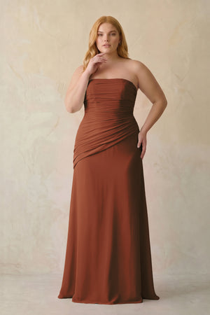 Terracotta Sheath Chiffon Strapless Pleated Bridesmaid Dress [sizeplus] | KISSBRIDAL