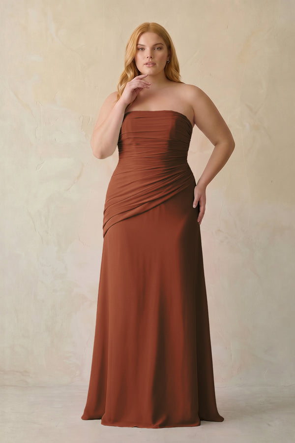 Terracotta Sheath Chiffon Strapless Pleated Bridesmaid Dress [sizeplus] | KISSBRIDAL
