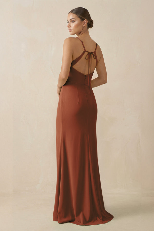 Terracotta Sheath Spaghetti Straps Chiffon Long Bridesmaid Dress (2) | KISSBRIDAL