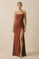 Terracotta Sheath Spaghetti Straps Chiffon Long Bridesmaid Dress | KISSBRIDAL