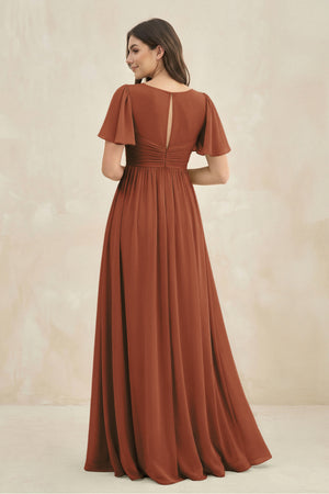 Terracotta Short Sleeve Chiffon V-Neck A-Line Bridesmaid Dress (2) | KISSBRIDAL