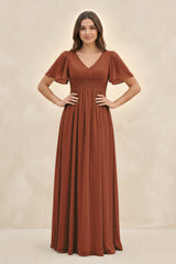 Terracotta Short Sleeve Chiffon V-Neck A-Line Bridesmaid Dress | KISSBRIDAL