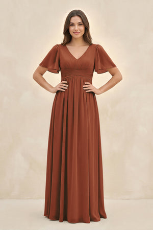 Terracotta Short Sleeve Chiffon V-Neck A-Line Bridesmaid Dress | KISSBRIDAL