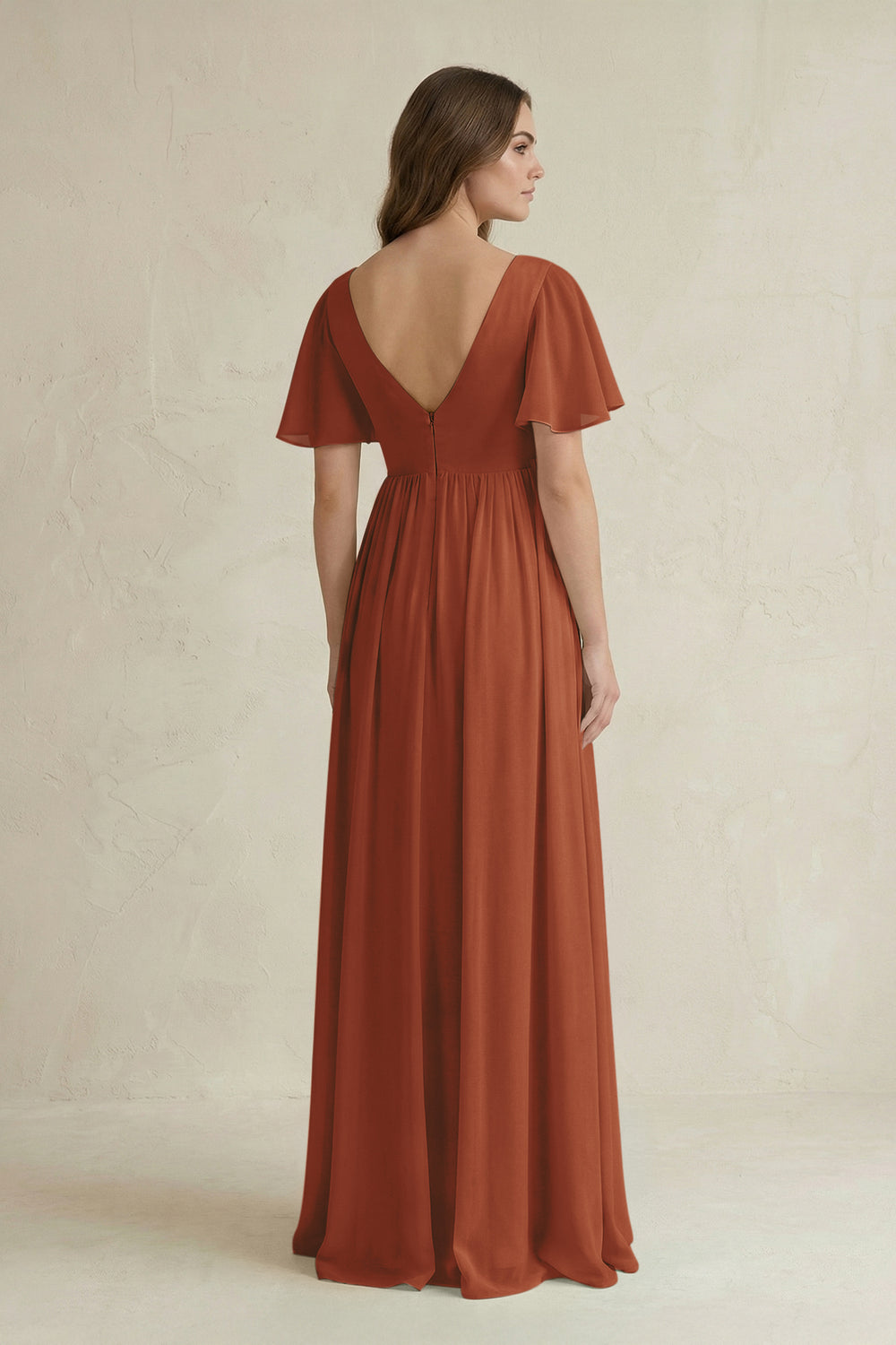 Short Sleeve V-Neck A-Line Chiffon Bridesmaid Dress in Terracotta