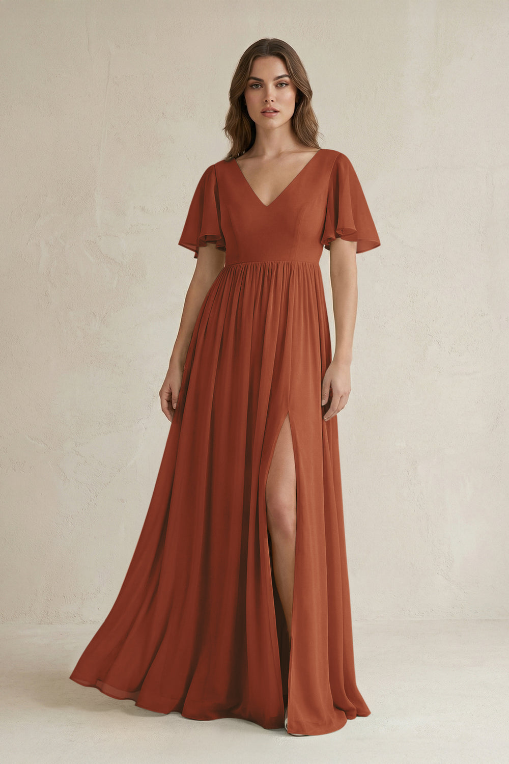 Short Sleeve V-Neck A-Line Chiffon Bridesmaid Dress in Terracotta