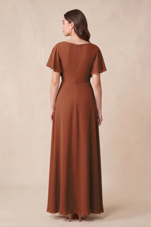 Terracotta Short Sleeves Bateau A-Line Chiffon Bridesmaid Dress (2) | KISSBRIDAL