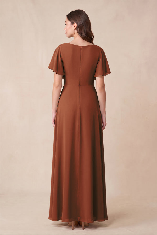 Terracotta Short Sleeves Bateau A-Line Chiffon Bridesmaid Dress (2) | KISSBRIDAL