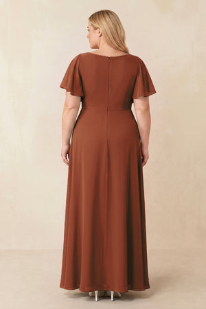 Terracotta Short Sleeves Bateau A-Line Chiffon Bridesmaid Dress (2) [sizeplus] | KISSBRIDAL