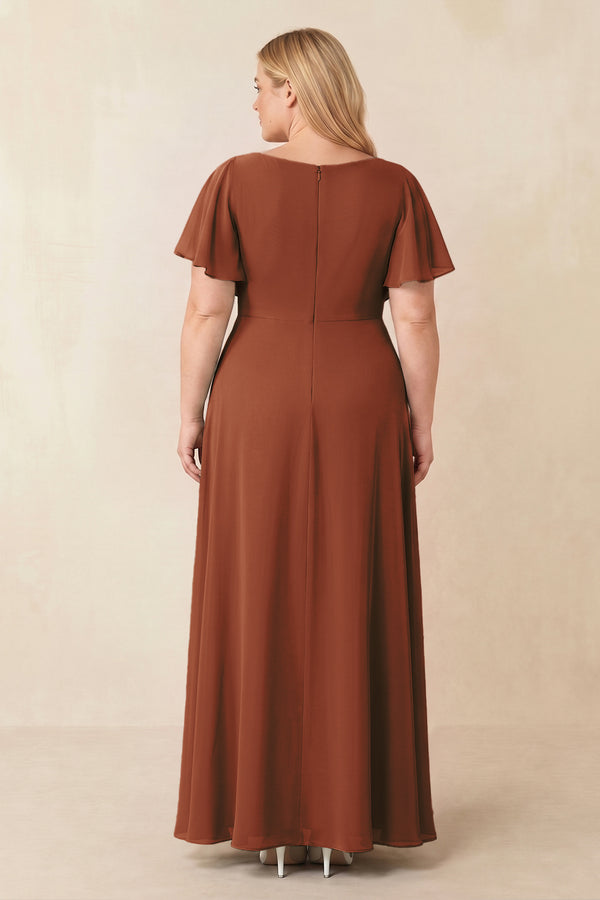 Terracotta Short Sleeves Bateau A-Line Chiffon Bridesmaid Dress (2) [sizeplus] | KISSBRIDAL
