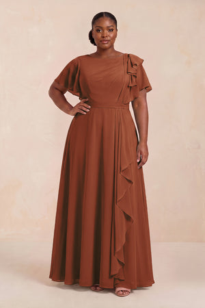 Terracotta Short Sleeves Bateau A-Line Chiffon Bridesmaid Dress (3) [sizeplus] | KISSBRIDAL