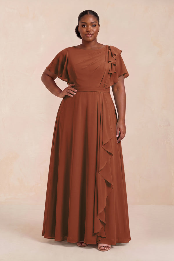 Terracotta Short Sleeves Bateau A-Line Chiffon Bridesmaid Dress (3) [sizeplus] | KISSBRIDAL