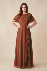 Terracotta Short Sleeves Bateau A-Line Chiffon Bridesmaid Dress | KISSBRIDAL