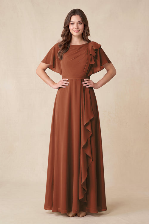Terracotta Short Sleeves Bateau A-Line Chiffon Bridesmaid Dress | KISSBRIDAL