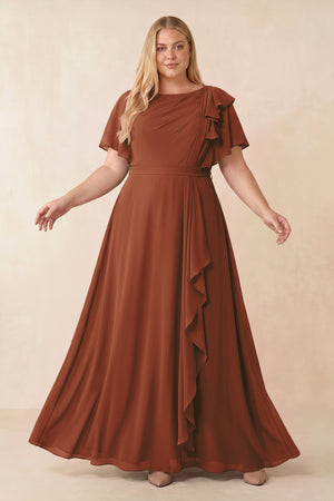 Terracotta Short Sleeves Bateau A-Line Chiffon Bridesmaid Dress [sizeplus] | KISSBRIDAL