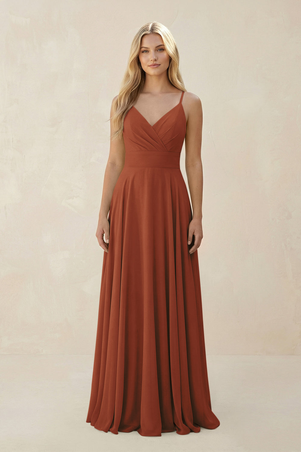 Spaghetti Strap A-Line Chiffon Bridesmaid Dress in Terracotta