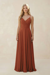 Terracotta Spaghetti Strap A-Line Chiffon Bridesmaid Dress | KISSBRIDAL
