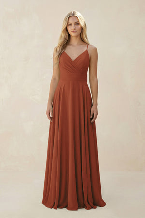 Terracotta Spaghetti Strap A-Line Chiffon Bridesmaid Dress | KISSBRIDAL