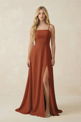 Terracotta Spaghetti Strap Chiffon A-Line Bridesmaid Dress | KISSBRIDAL
