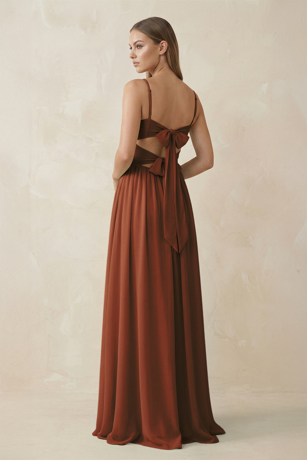 Spaghetti Strap Pleated A-Line Chiffon Bridesmaid Dress in Terracotta