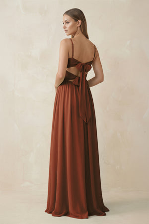 Terracotta Spaghetti Strap Pleated A-Line Chiffon Bridesmaid Dress (2) | KISSBRIDAL