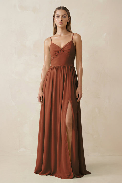 Terracotta Spaghetti Strap Pleated A-Line Chiffon Bridesmaid Dress | KISSBRIDAL
