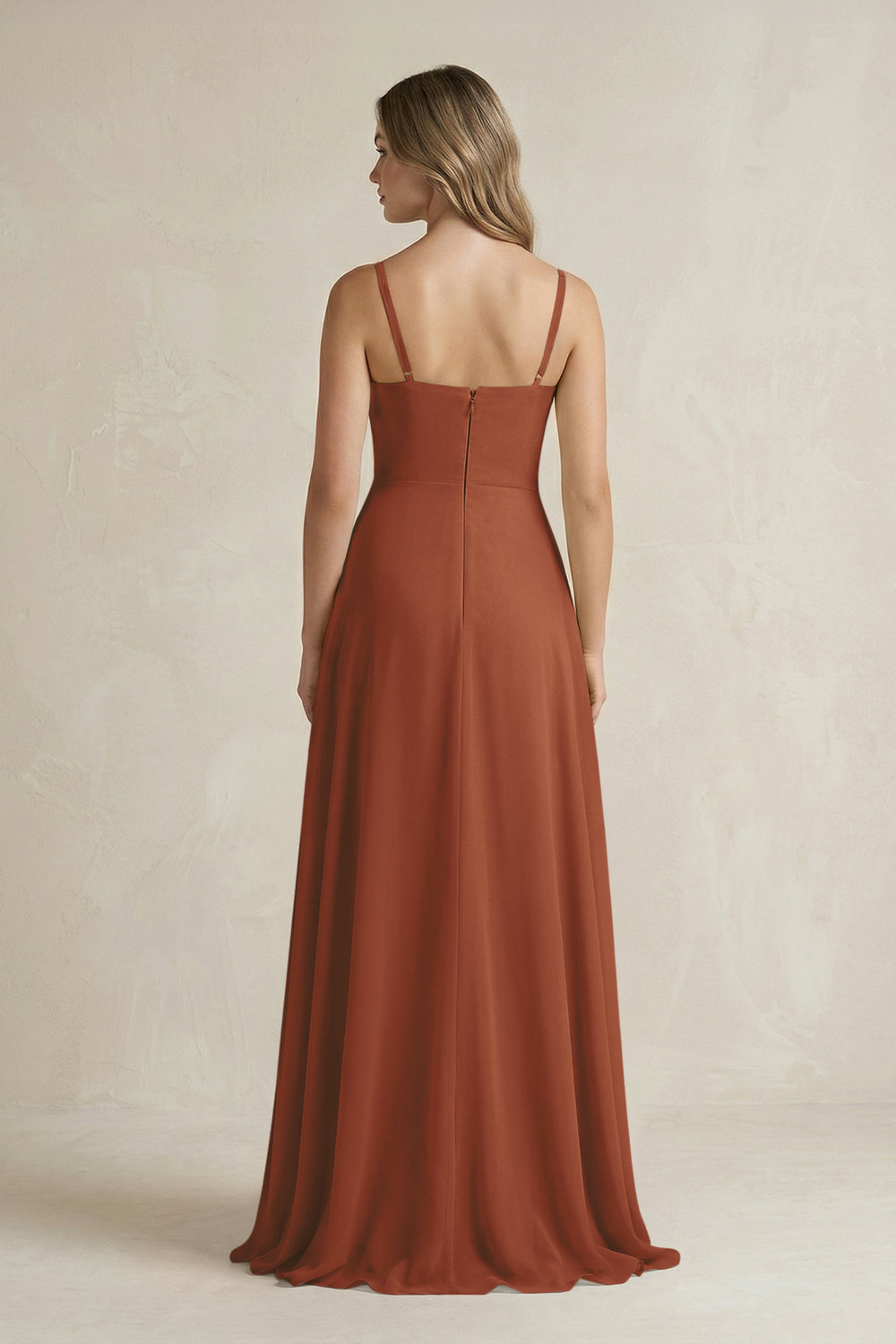 Spaghetti Strap Ruffled A-Line Chiffon Bridesmaid Dress in Terracotta