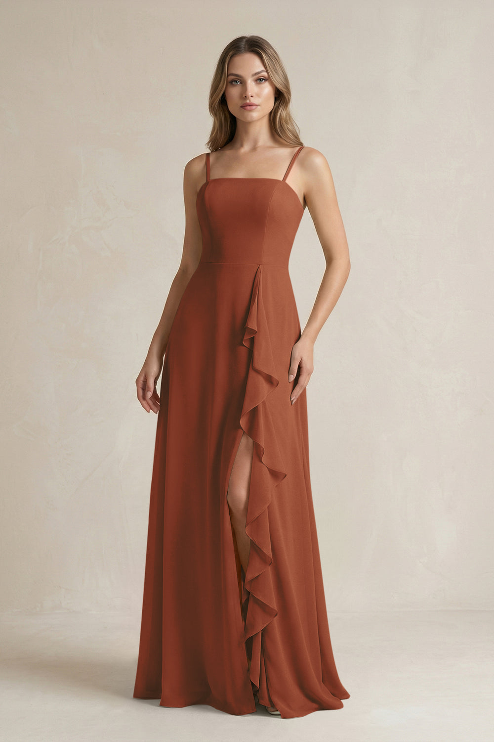 Spaghetti Strap Ruffled A-Line Chiffon Bridesmaid Dress in Terracotta