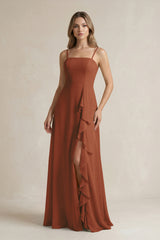 Terracotta Spaghetti Strap Ruffled A-Line Chiffon Bridesmaid Dress | KISSBRIDAL