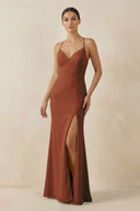 Terracotta Spaghetti Strap Sheath Chiffon Bridesmaid Dress With Slit | KISSBRIDAL