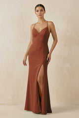 Terracotta Spaghetti Strap Sheath Chiffon Bridesmaid Dress With Slit | KISSBRIDAL