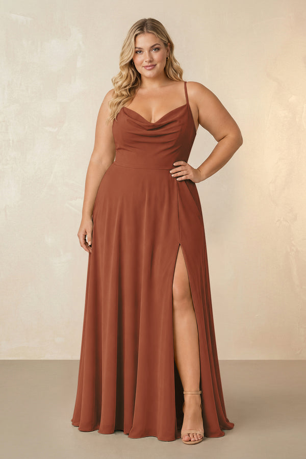 Terracotta Spaghetti Straps Chiffon A-Line Bridesmaid Dress [sizeplus] | KISSBRIDAL