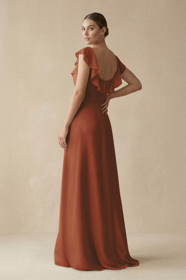 Terracotta Square Neck A-Line Bridesmaid Dress with Ruffles (2) | KISSBRIDAL