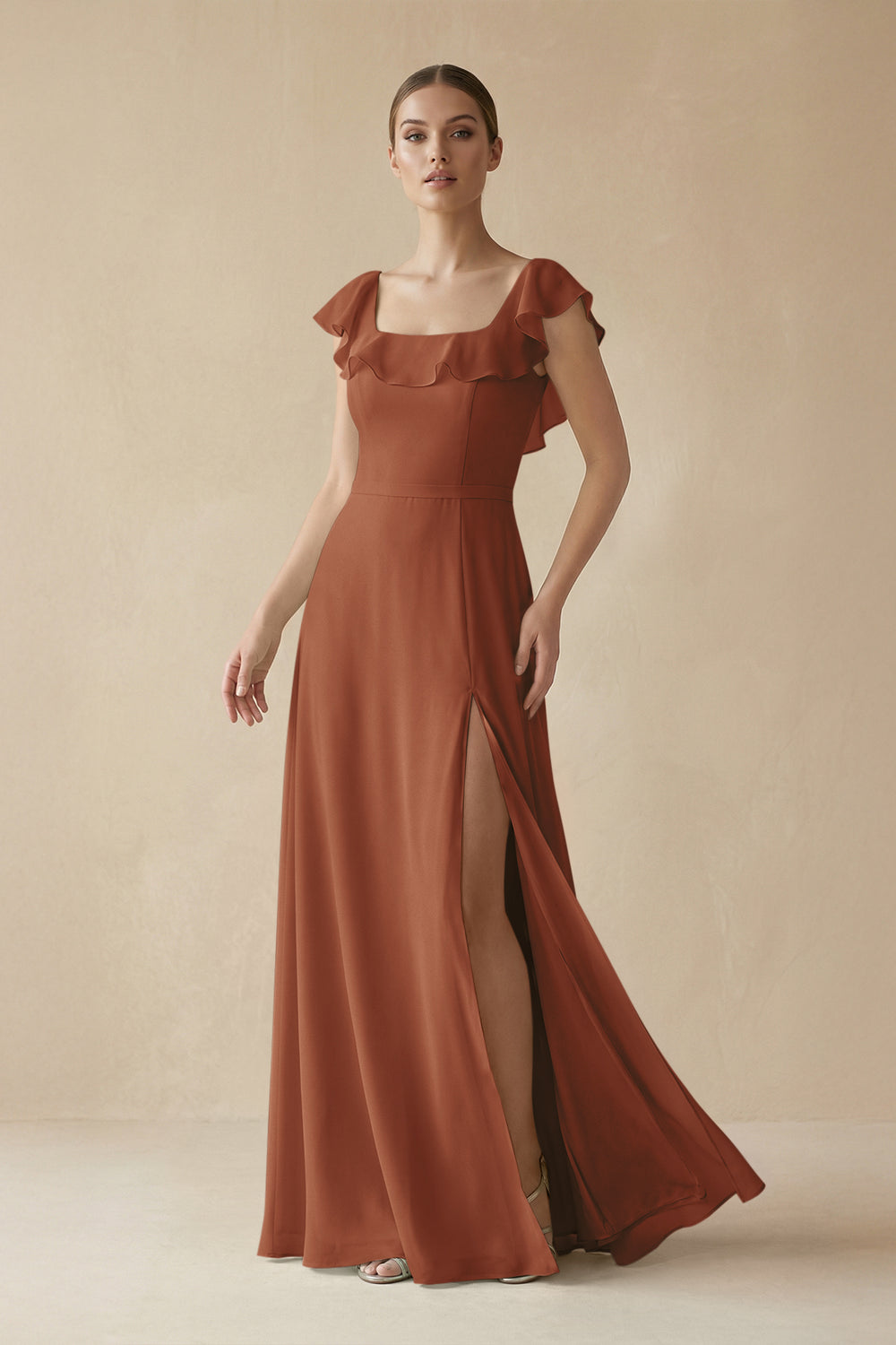 Square Neck A-Line Bridesmaid Dress with Ruffles in Terracotta