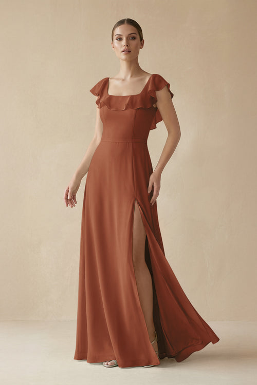 Terracotta Square Neck A-Line Bridesmaid Dress with Ruffles | KISSBRIDAL