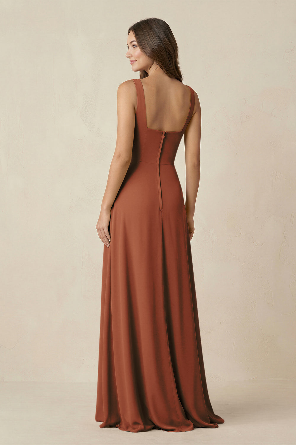 Square Neck A-Line Bridesmaid Dress With Slit in Terracotta