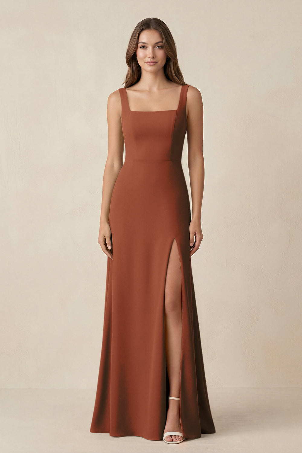 Square Neck A-Line Bridesmaid Dress With Slit in Terracotta